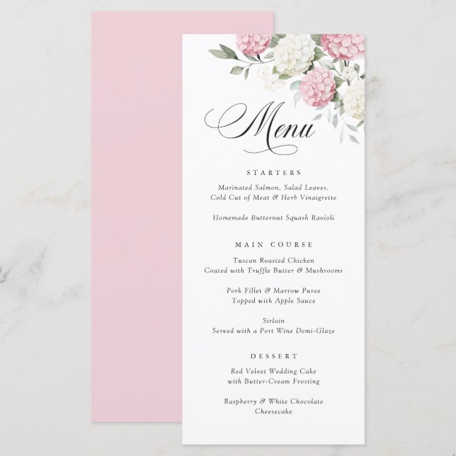 Elegant Pink Hydrangea Greenery Wedding Menu (Front/Back)