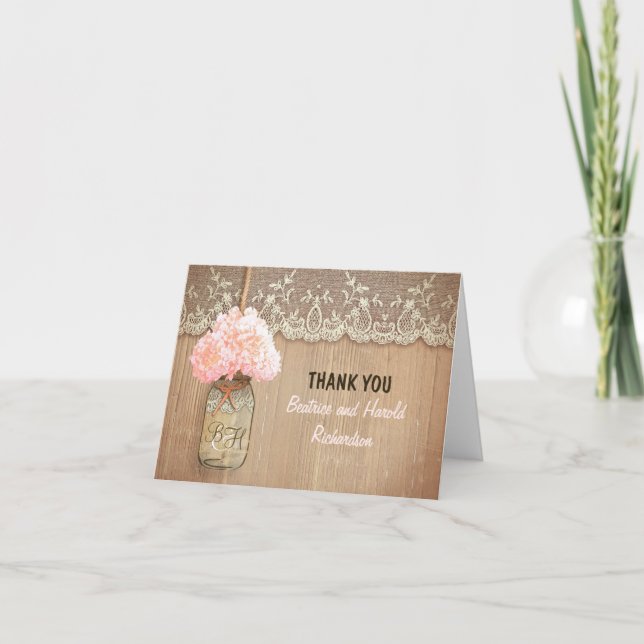 Elegant pink hydrangea mason jar wedding thank you card (Front)
