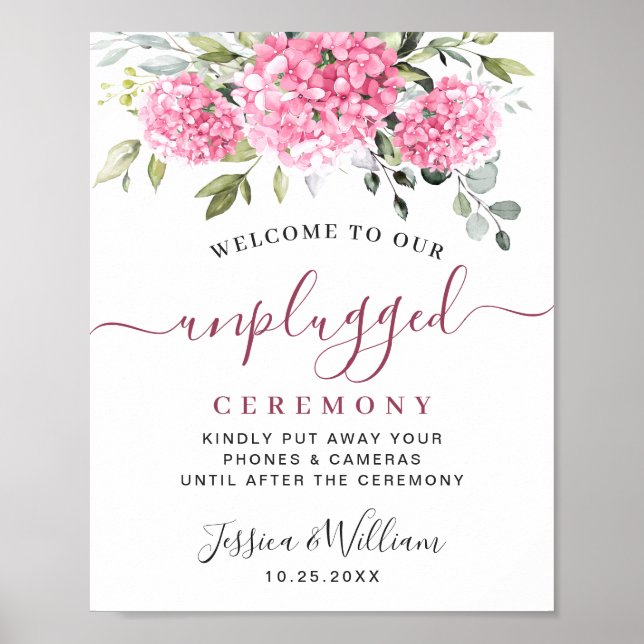 Elegant Pink Hydrangea Unplugged Wedding Ceremony Poster (Front)