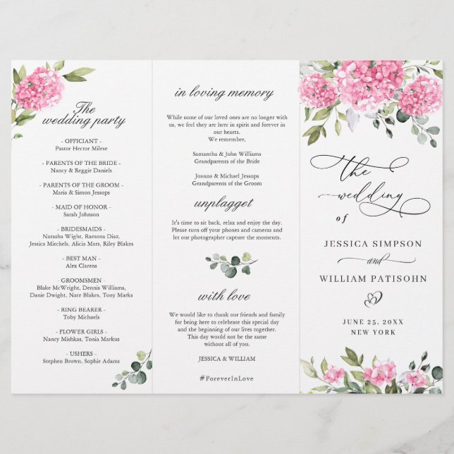 Elegant Pink Hydrangea Wedding Ceremony Program (Front)