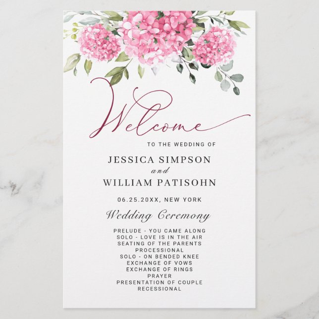 Elegant Pink Hydrangea Wedding Ceremony Program (Front)