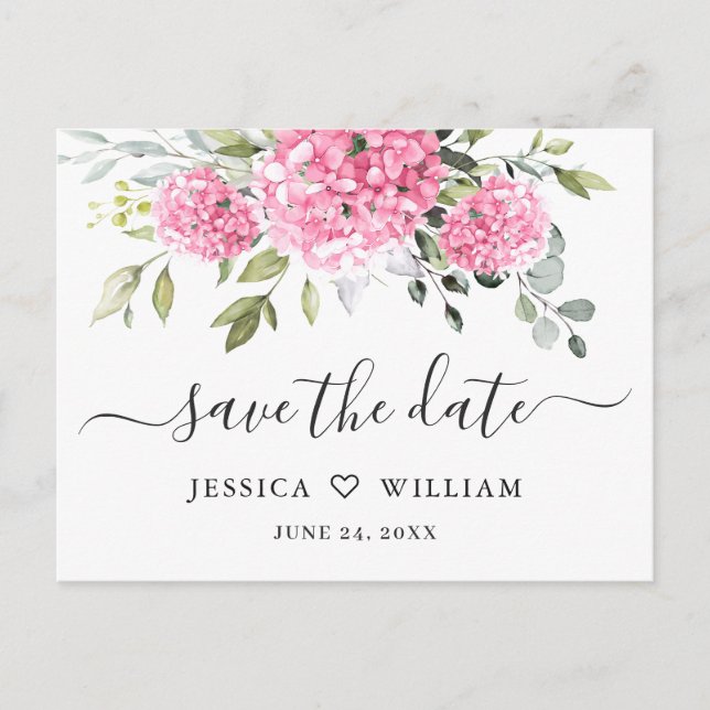 Elegant Pink Hydrangea Wedding Save the Date Postcard (Front)