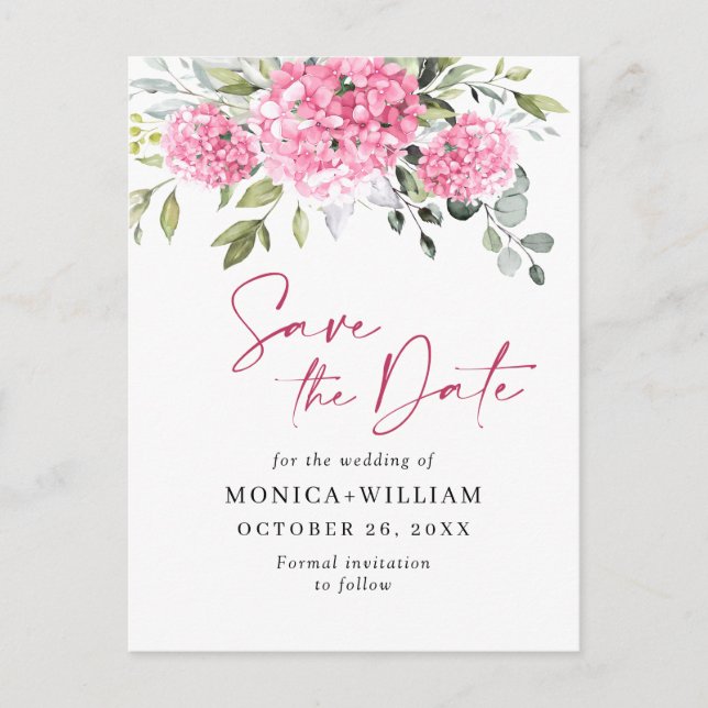 Elegant Pink Hydrangea Wedding Save the Date Postcard (Front)