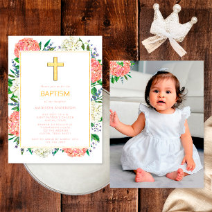 Elegant Pink Hydrangeas Gold Cross Photo Baptism  Invitation