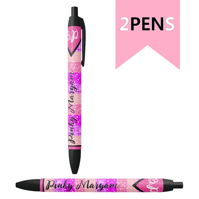 Elegant Pink Initial Monogram Name for Girls, Cute Black Ink Pen (Stylish girl pens)