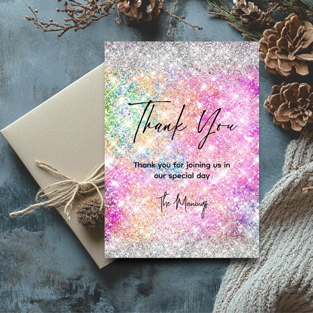 Elegant pink iridescent silver glitter thank you  card (Creator Uploaded)