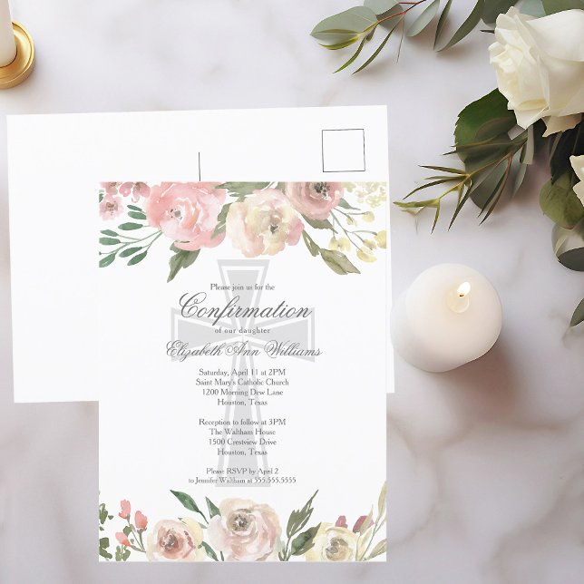 Elegant Pink Ivory Floral Religious Confirmation Postcard (Creator Uploaded)