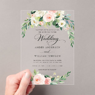 Elegant Pink Ivory Floral Wreath Wedding  Acrylic Invitations