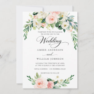 Elegant Pink Ivory Floral Wreath Wedding  Invitation