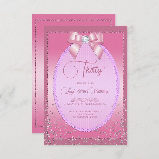 Elegant Pink Jewel Diamond Bow & Confetti Birthday Invitation (Front/Back)
