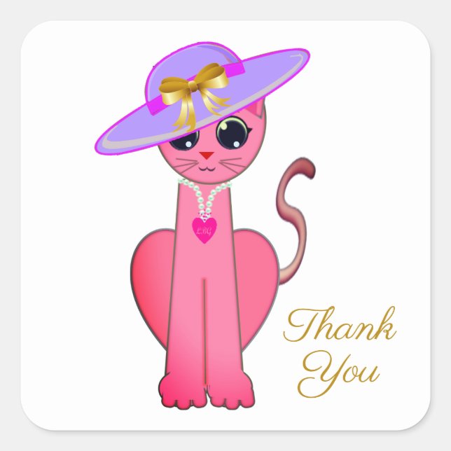 Elegant Pink Kitty Cat Thank You Square Sticker (Front)