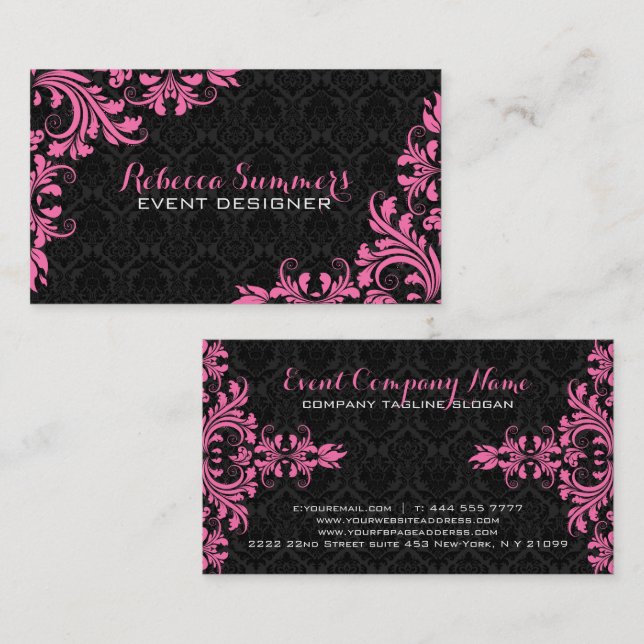 Elegant Pink Lace Black Damasks Business Card (Front/Back)