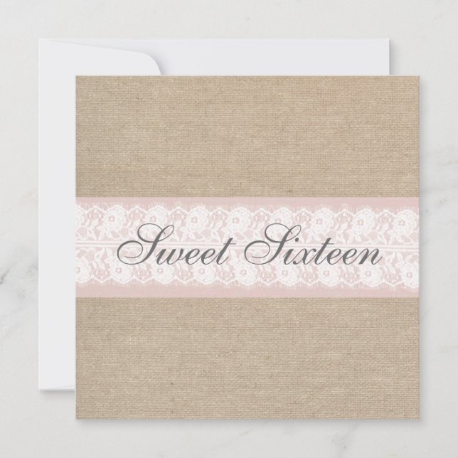 Elegant Pink Lace Burlap Birthday Invitation (Front)