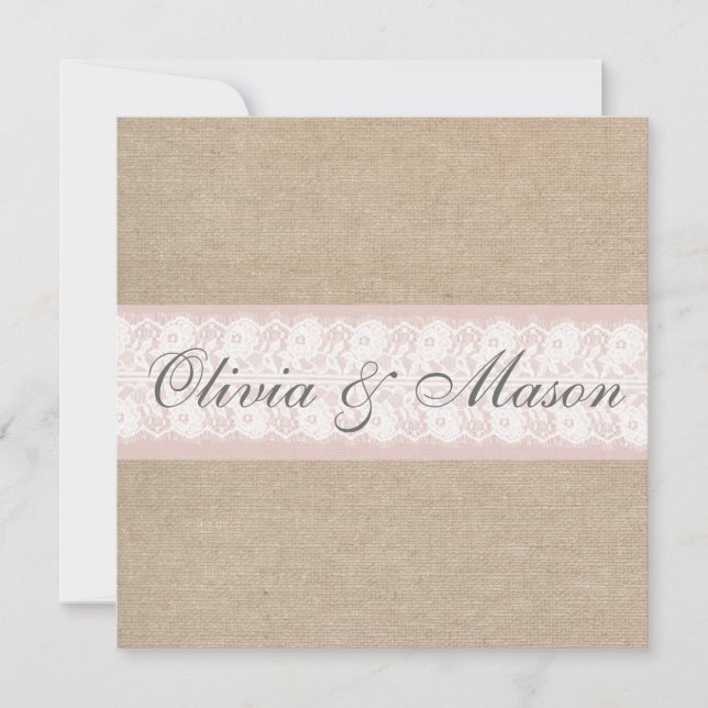 Elegant Pink Lace Burlap Wedding Invitation (Front)