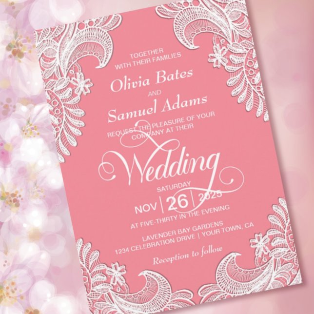 Elegant Pink Lace Wedding Invitation (Creator Uploaded)