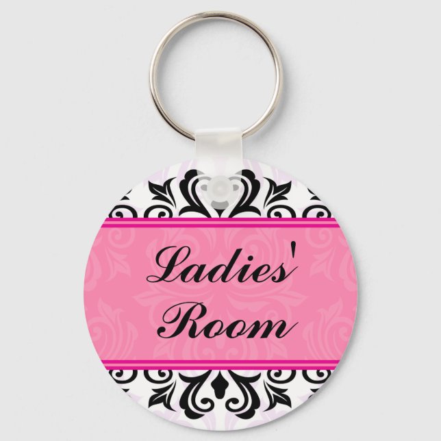 Elegant pink ladies room damask border keychain (Front)