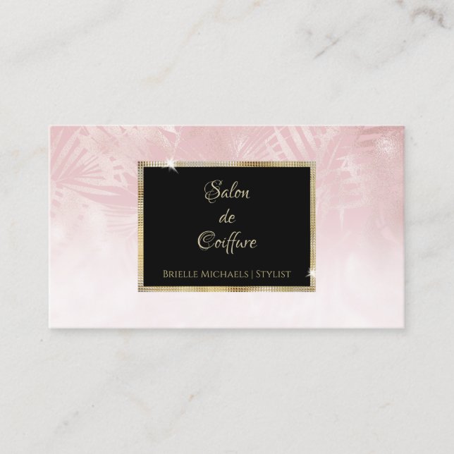 Elegant Pink Leaf Gold Frame Hair and Beauty Business Card (Front)