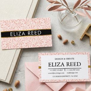 Elegant Pink Leaf Pattern and Gold Accent Business Card