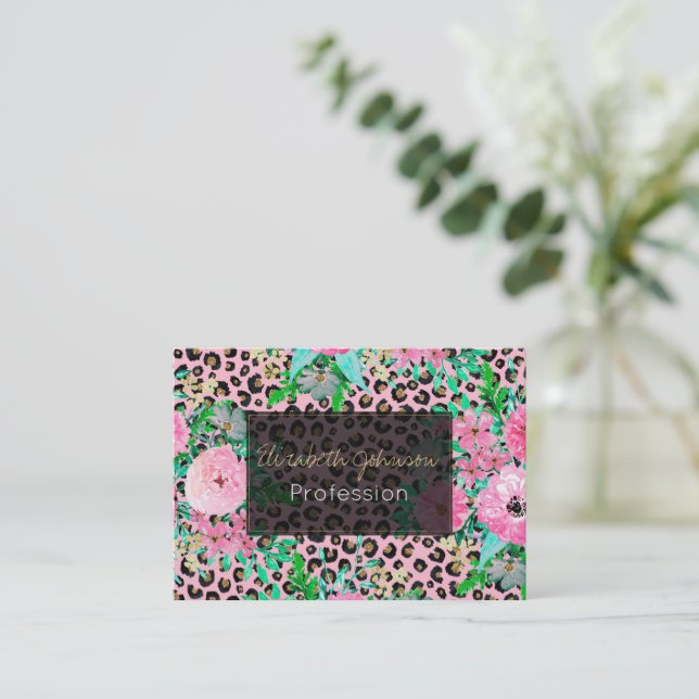 Elegant Pink Leopard Print and Floral Design Business Card (Standing Front)