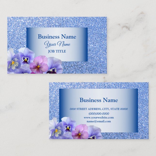 Elegant Pink Lilac Pansy Floral Blue Glitter Business Card (Front/Back)