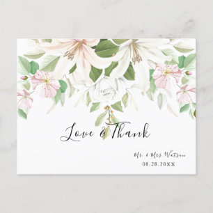 Elegant Pink Lili   Ivory Rose Floral Thank You Postcard