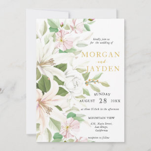 Elegant Pink Lili Ivory Rose Floral Wedding Invitation