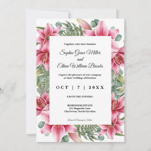 Elegant Pink Lily Floral Eucalyptus Wedding Invitation