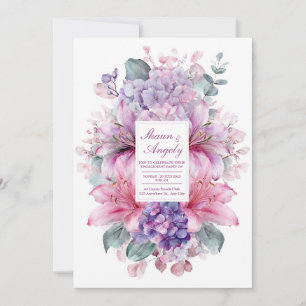 Elegant Pink Lily Purple Hydrangea Watercolor Invitation