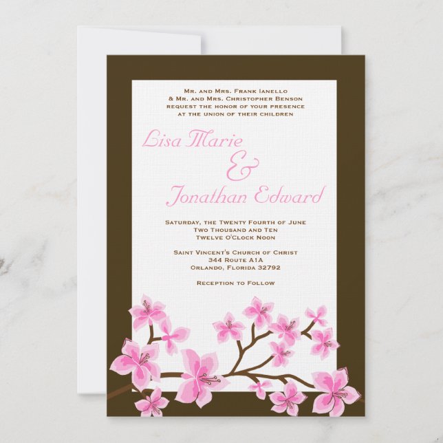 Elegant Pink Lily Wedding Invitation 5x7 Linen (Front)