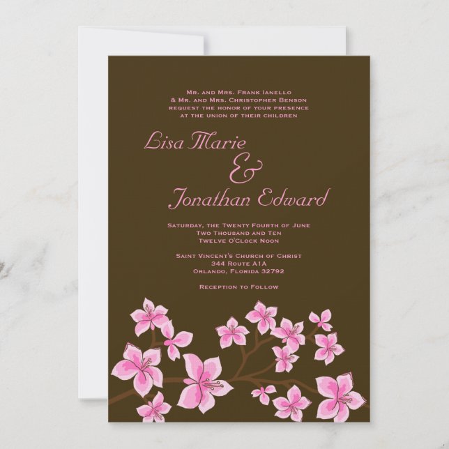 Elegant Pink Lily Wedding Invitation 5x7 Linen (Front)