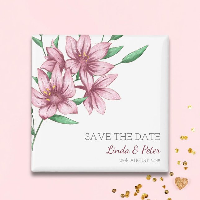 Elegant Pink Lily Wedding Save the Date Magnet (Creator Uploaded)