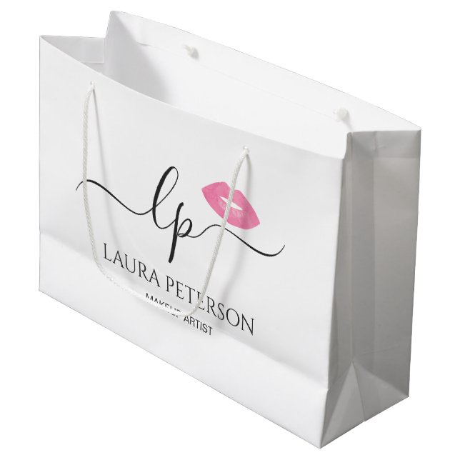 Elegant pink lips handwritten script calligraphy large gift bag (Front Angled)