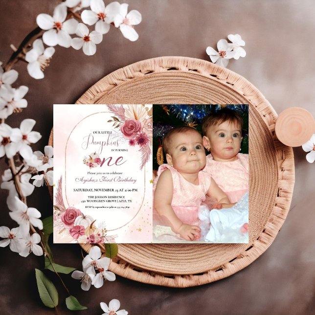 Elegant Pink Little Pumpkin Twin Girl 1st Birthday Invitation (Creator Uploaded)