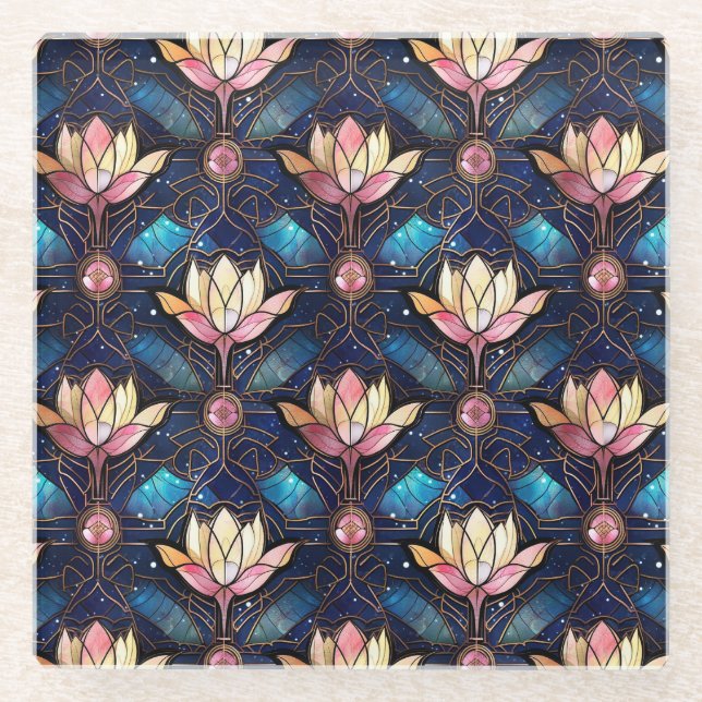 Elegant Pink Lotus Faux Stained Glass Pattern Coaster (Front)