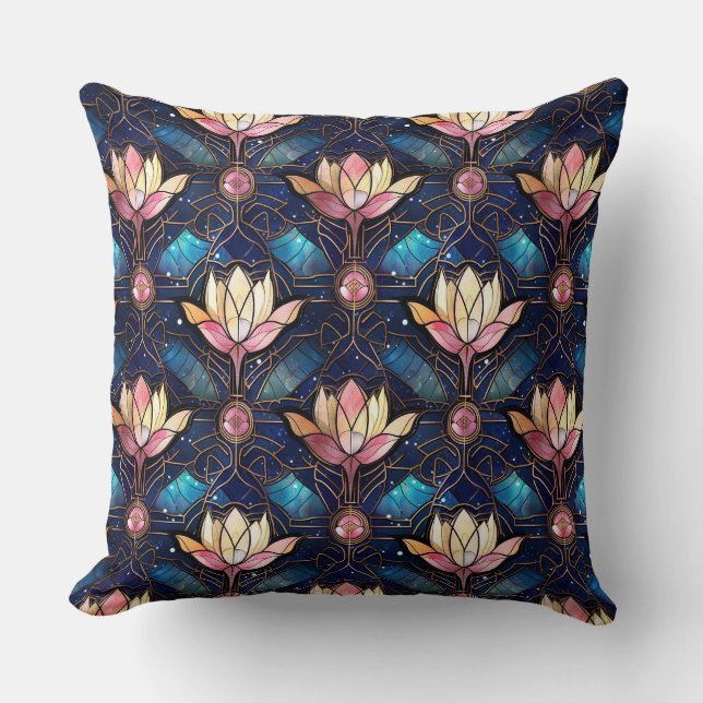 Elegant Pink Lotus Faux Stained Glass Pattern Cushion (Front)