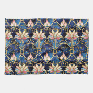Elegant Pink Lotus Faux Stained Glass Pattern Tea Towel