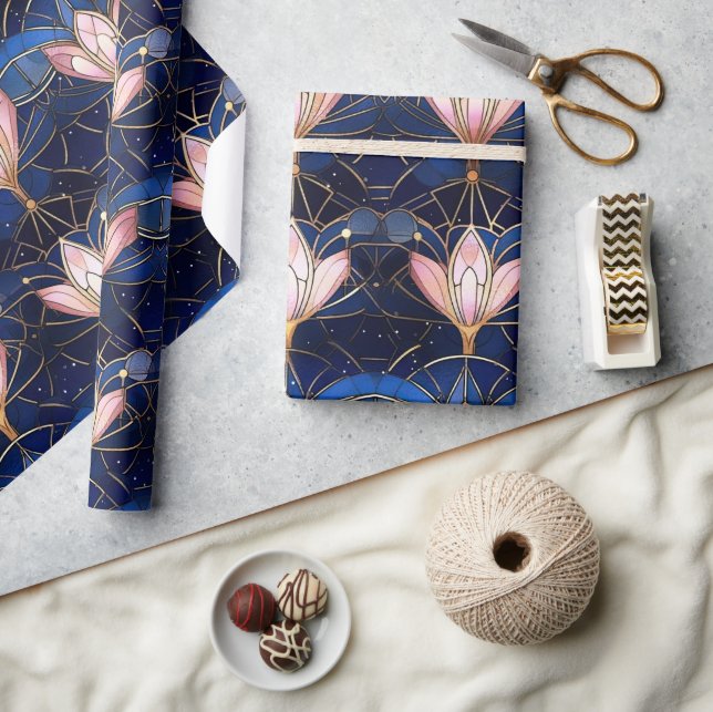 Elegant Pink Lotus Faux Stained Glass Pattern Wrapping Paper (Crafts)