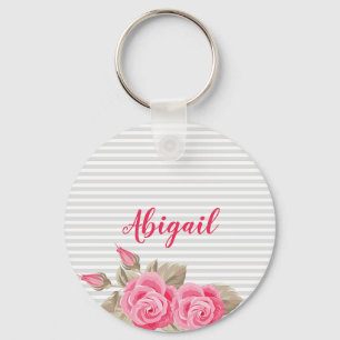 Elegant Pink Lovely & Roses Striped Pattern Key Ring