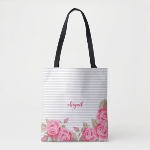 Elegant Pink Lovely & Roses Striped Pattern Tote Bag