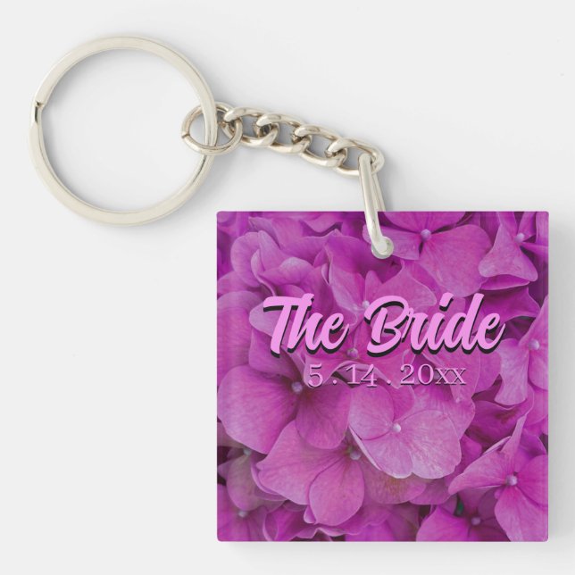 Elegant pink magenta floral hydrangeas roses  key ring (Front)
