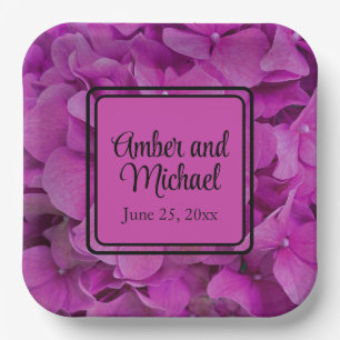 Elegant pink magenta floral hydrangeas roses paper plate