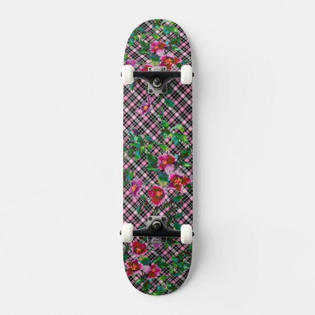 Elegant pink magenta watercolor florals roses skateboard (Front)