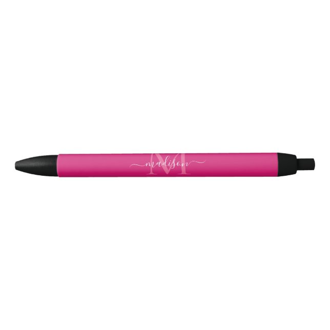 Elegant Pink Magenta White Monogram Script Name Black Ink Pen (Front)