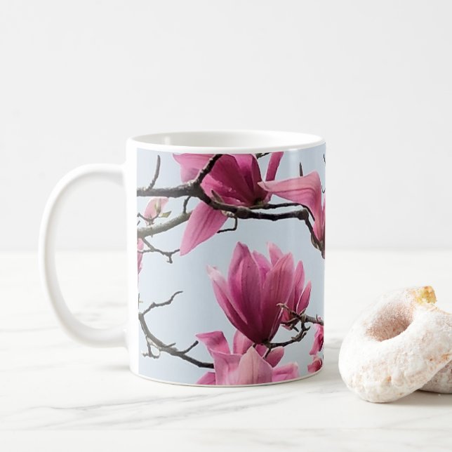 Elegant Pink Magnolia Blossoms Peaceful Hanami Coffee Mug (With Donut)