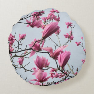 Elegant Pink Magnolia Blossoms Peaceful Hanami Round Cushion