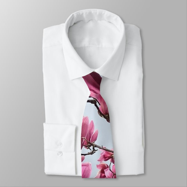 Elegant Pink Magnolia Blossoms Peaceful Hanami Tie (Tied)