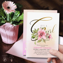 Elegant Pink Magnolia Gold Script It's a Girl Baby