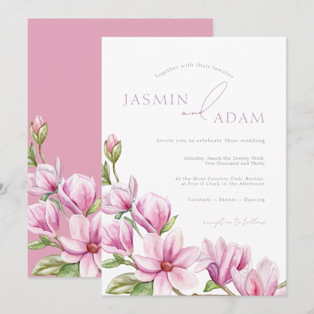 Elegant Pink Magnolia Monogram Wedding Invitation (Front/Back)