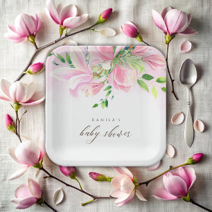 Elegant Pink Magnolia Watercolor Baby Shower Paper Plate