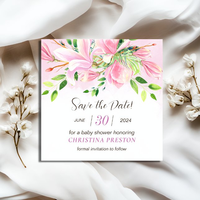 Elegant Pink Magnolia Watercolor Baby Shower Save The Date (Elegant Pink Magnolia Watercolor Baby Shower Save The Date)